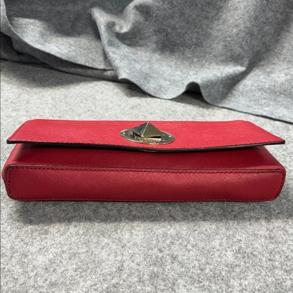 Kate Spade New York Lock Clutch Red Leather Envelope Brass Turn Pyramid Purse